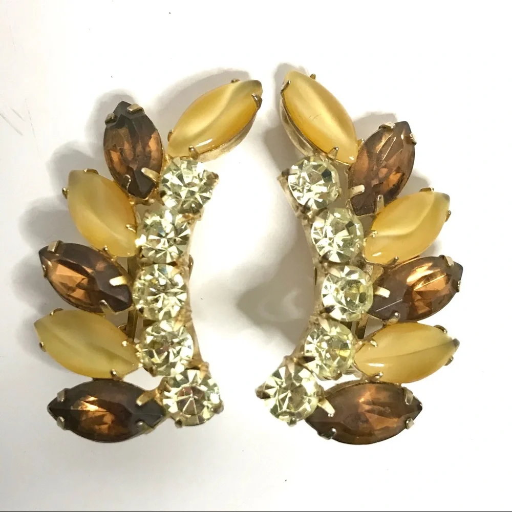 Vintage Rhinestone Earrings Ear Climbers Clip Gold